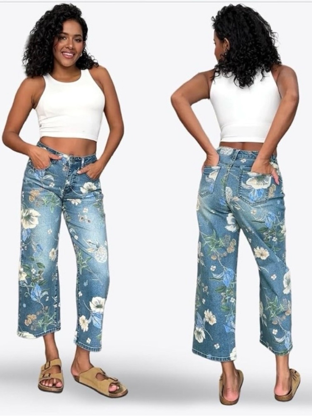 Flamingals women’s NWT medium 6/8 Floral high waisted Straight-Leg Jeans